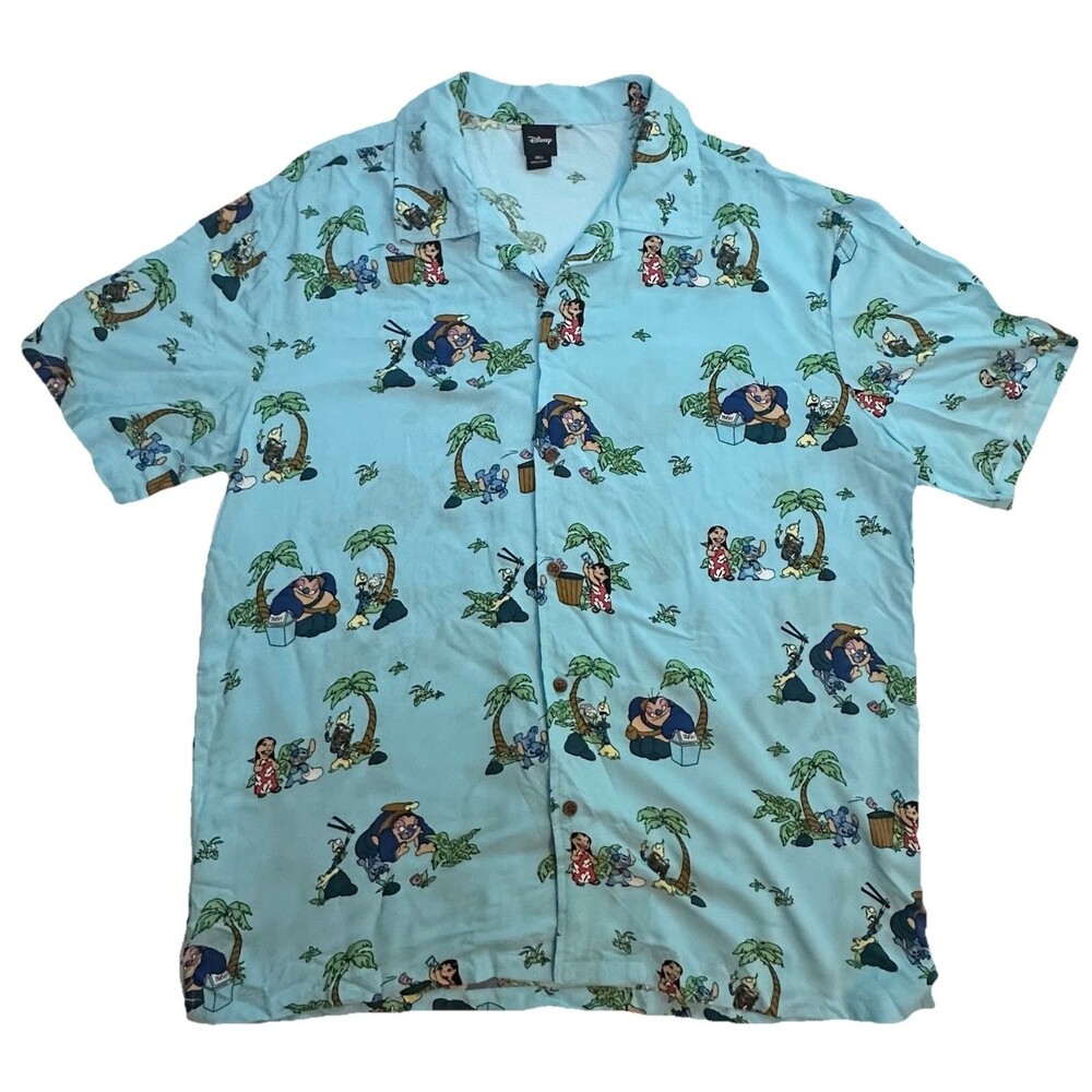 Disney Lilo & Stitch Blue Hawaiian Beach Scenes Button Up Shirt‎ Men's MEDIUM